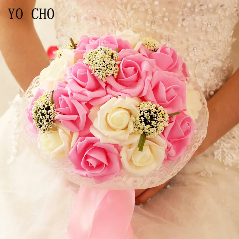 YO CHO Düğün Buket Gelin Nedime El Holding Çiçek Sahte İnci Yapay PE Gül Buketi Parti Balo Düğün Malzemeleri