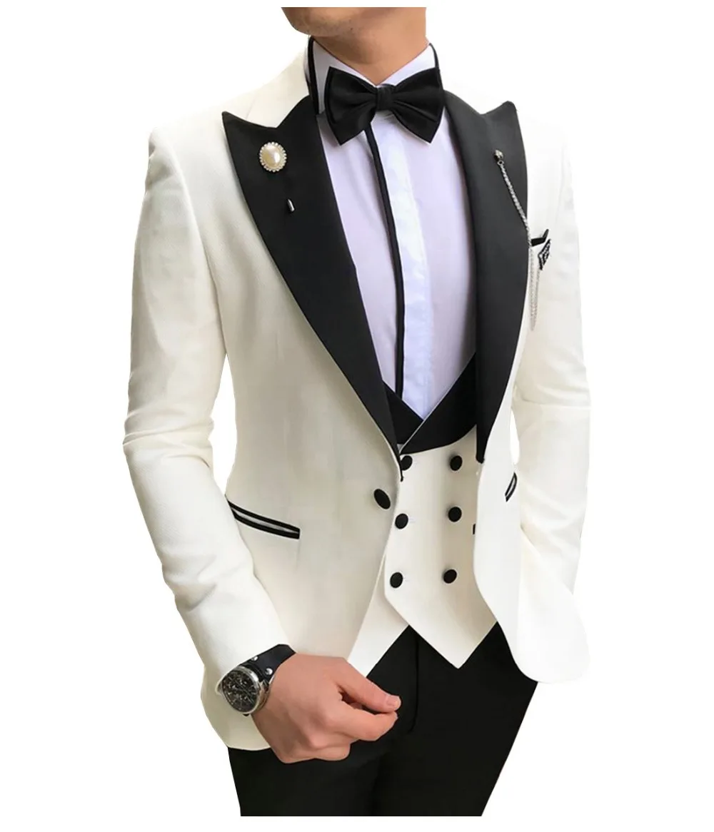 Özel Yapılmış Erkek Takım Elbise Beyaz ve Siyah Damat Smokin Tepe Yaka Groomsmen Düğün Damat ( Ceket+Pantolon+Yelek+Kravat) D133