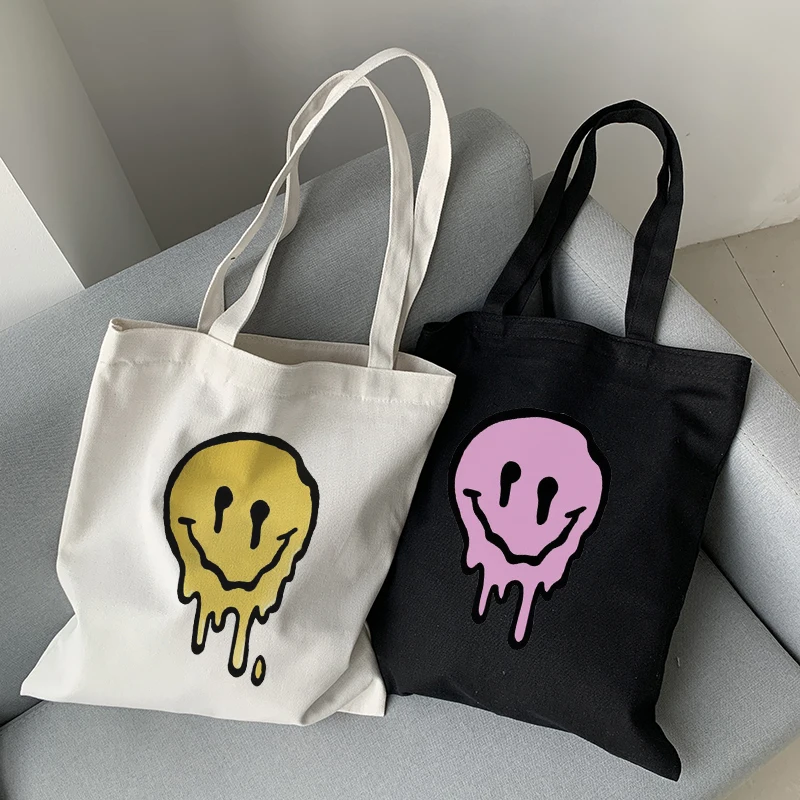Gotik Gülümseme Kadın Çanta Büyük Kapasiteli Harajuku Karikatür Vintage Hip Hop alışveriş çantası Kanvas çanta Komik kadın askılı omuz çantaları