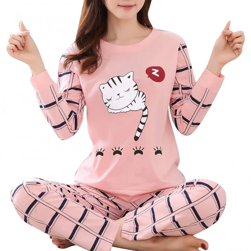 2021 kadın Pijama Seti Kış Sevimli Karikatür Cater Baskı Pijama Uzun Kollu İki Parçalı Ev Giyim Kadın Rahat O-boyun Pijama