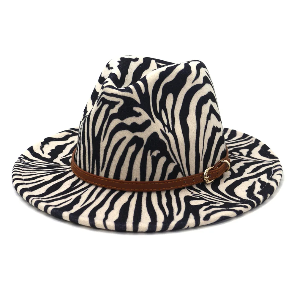 Zebra Çizgili Baskı Caz fötr şapkalar Kahverengi Kemer Tokası ile Kadın Erkek Geniş Ağız Kilise Parti Keçe silindir şapka Panama Kap