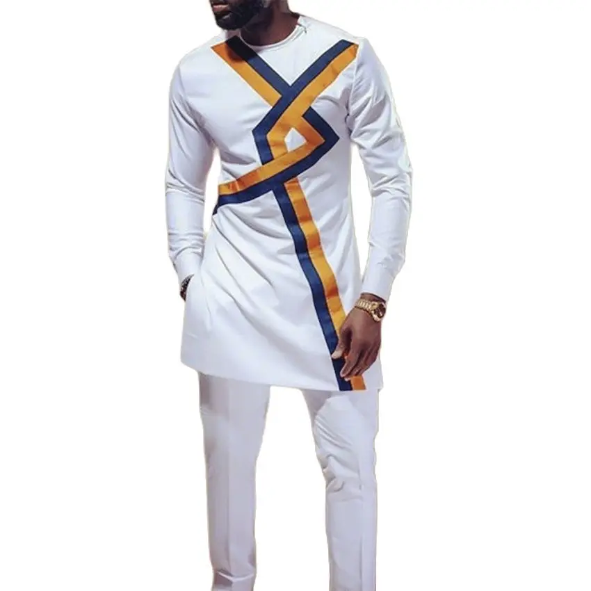 Asimetrik Tasarım erkek Seti Nijeryalı Moda Beyaz Erkek Pantolon Takım Elbise Şerit Gömlek + Pantolon Afrika Ziyafet Giysiler