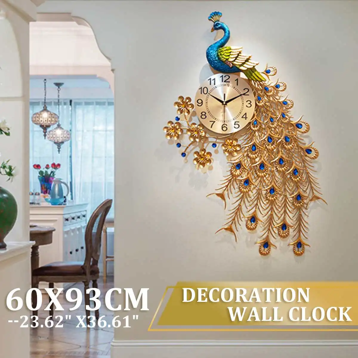 93x60cm Tavuskuşu Kuvars duvar saati Avrupa Modern Basit Kişilik Yaratıcı Oturma Odası Dekore Edilmiş Yatak Odası Sessiz Duvar Saati