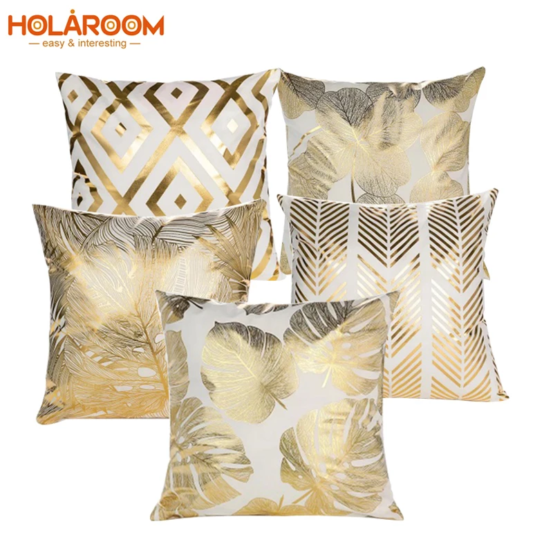 Holaroom Altın yapraklar desen yastıklar durumda Geometrik minder örtüsü sıcak damgalama yastık kılıfı kanepe atmak ev dekor funda cojin