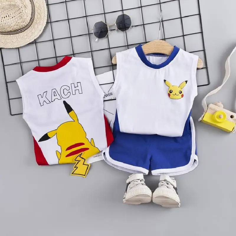 Bebek Erkek giyim setleri Çocuk Eşofman Karikatür Pokemon Pikachu Doraemon Yelekler + şort spor takımları Kolsuz Yaz Pijama