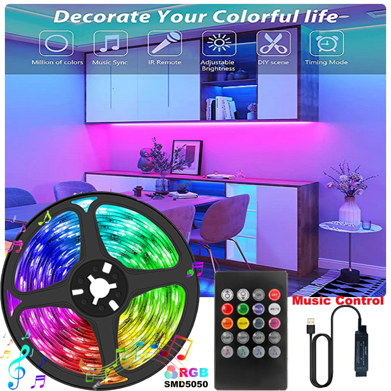 1M~5M LED şerit ışık RGB Müzik Senkronizasyonu Renk Değiştirme USB odası Dekor DC5V TV Arka Plan SMD5050 Kızılötesi Uzaktan yatak Odası Dekorasyon 0