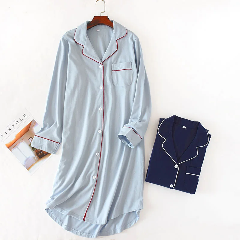 Sonbahar Uzun %100 % Pamuk Uyku Üstleri Kadın Hırka Uzun Kollu Nightgowns Katı Yaka Pijama Nighty Bayanlar için Ev Giysileri