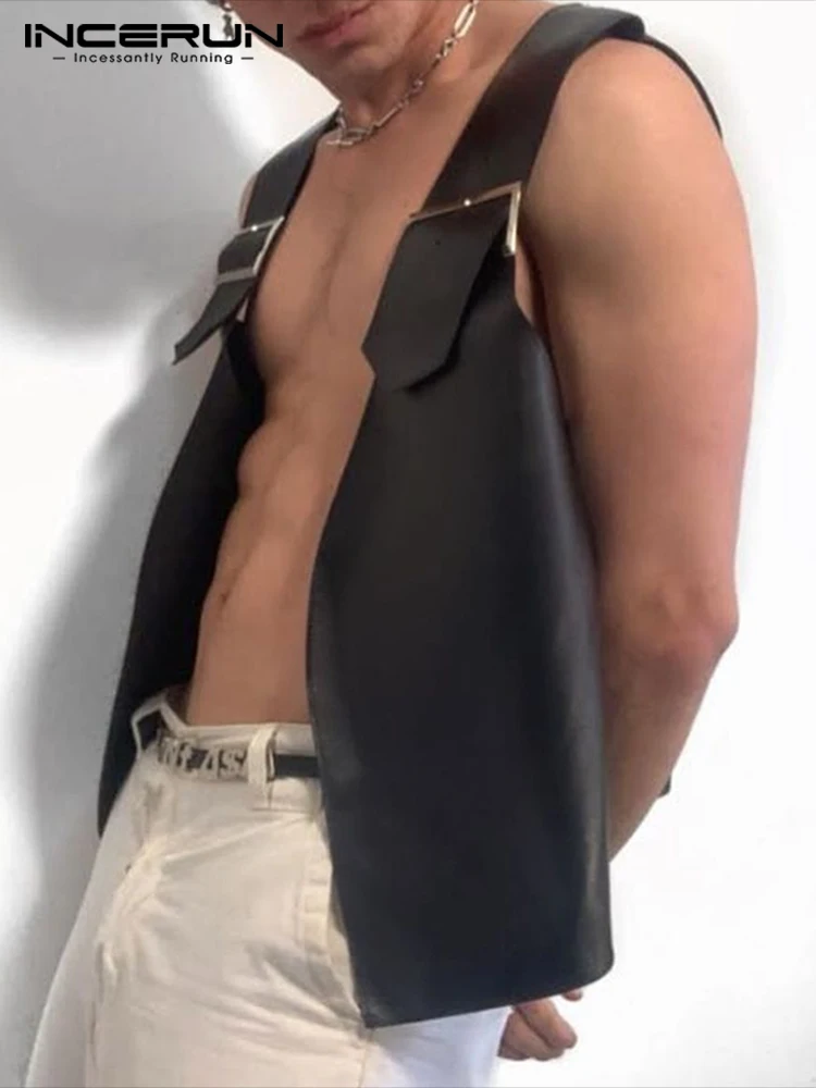 Moda Erkek Yelekler Katı Düğme 2022 PU Deri Açık Dikiş Streetwear Kolsuz Casual Tank Tops Erkek Yelekler S-5XL INCERUN