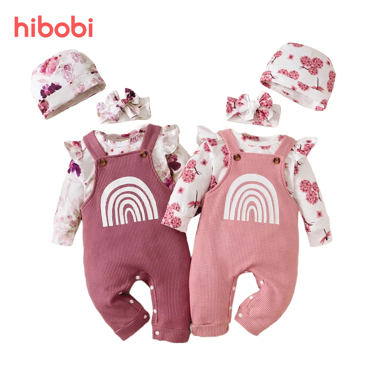 hıbobı 3 adet Bebek Kız Giysileri Set Çiçek Baskılı Fırfır Kollu Romper Bebek Bebek Bodysuit ve Gökkuşağı Pantolon Yenidoğan Bebek için