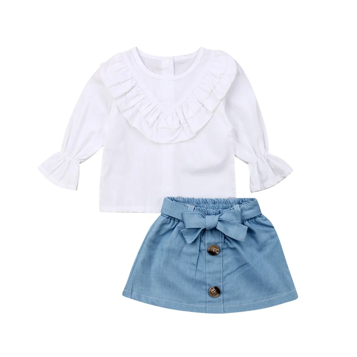 1-5 Yıl Çocuk Giyim Seti Bebek Kız Beyaz Uzun Kollu Ruffles T Shirt + Kız Denim A-Line Etek Çocuklar Kıyafet Setleri Bahar Sonbahar