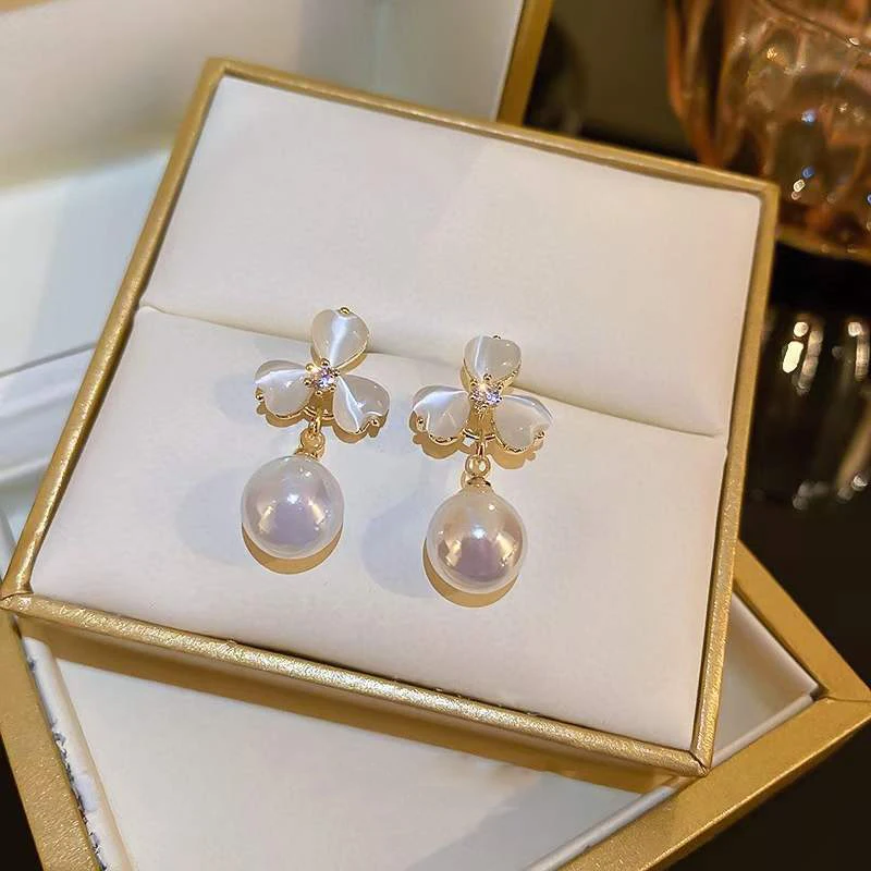 2022 Yeni Opal Petal İnci Kolye Küpe Kore Moda Taze Kız Zarif doğum günü hediyesi Takı Saplama Küpe 1