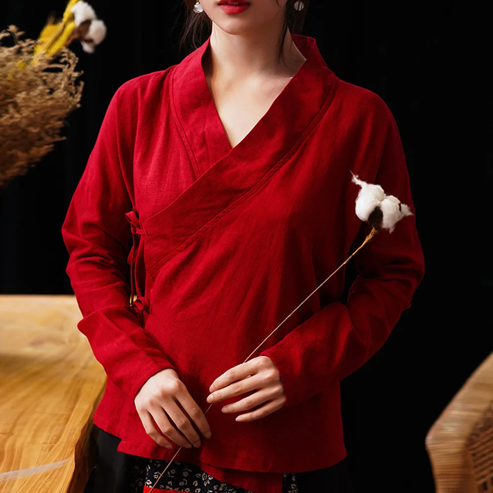 Çin Giyim Kadın Qipao Bluz Gömlek Tangzhuang Antik Cheongsam Pamuk Keten Üstleri Kırmızı Düz Renk Oryantal Hanfu