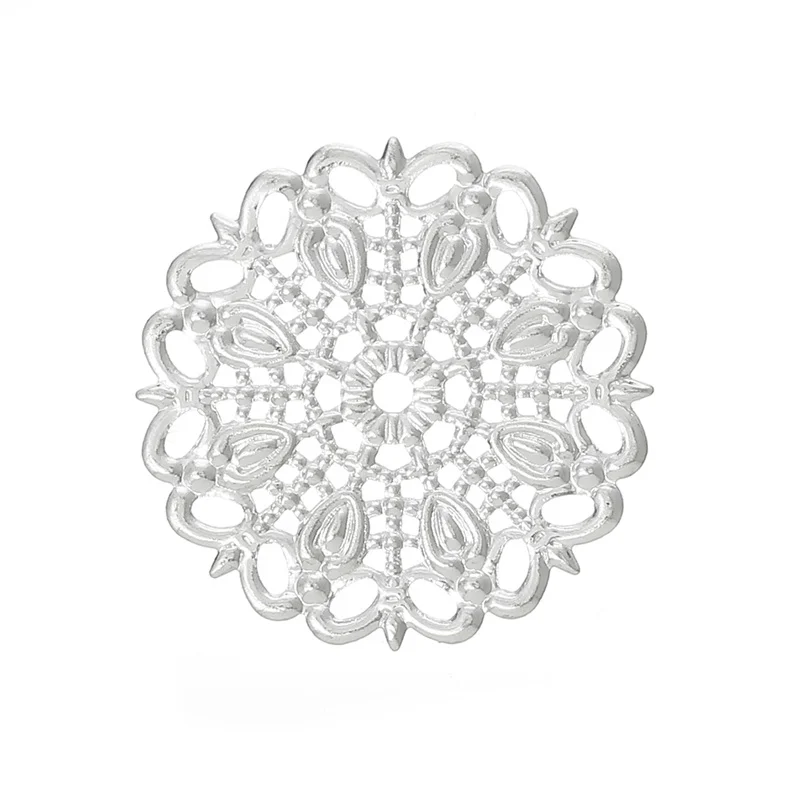 50 Adet Doreen Kutusu Bakır Süsleme Bulguları Yuvarlak Gümüş Renk Hollow Çiçek Desen DIY Takı Yapımı İçin 25mm x 25mm