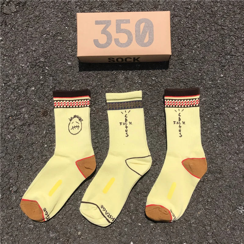 Yeni Çorap erkek Ekip Kaktüs Jack Çorap Pamuk Yeni Travis Scott Spor Hip Hop Kaykay Sarı Sockken Toptan 3 çift / kutu
