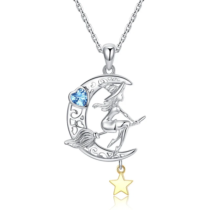 Yeni 925 Ayar Gümüş Güzel Cadı Kolye Zinciri Zirkon Ay Yıldız Kolye Kadınlar için Moda Cadılar Bayramı Takı Ücretsiz Gemi