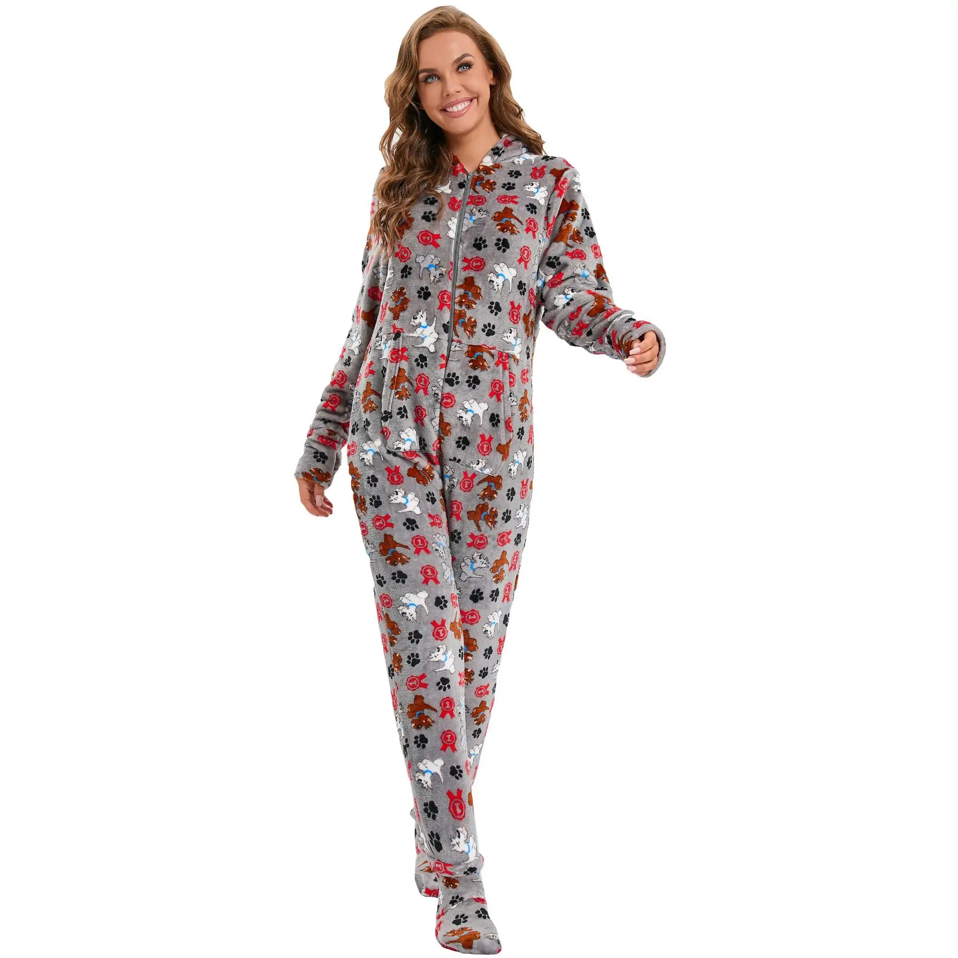 Kış Gri Sevimli Köpek Baskılı Onesies Tulumlar Loungewear Flanel Pijama Kadın Kapşonlu Fermuar Pijama