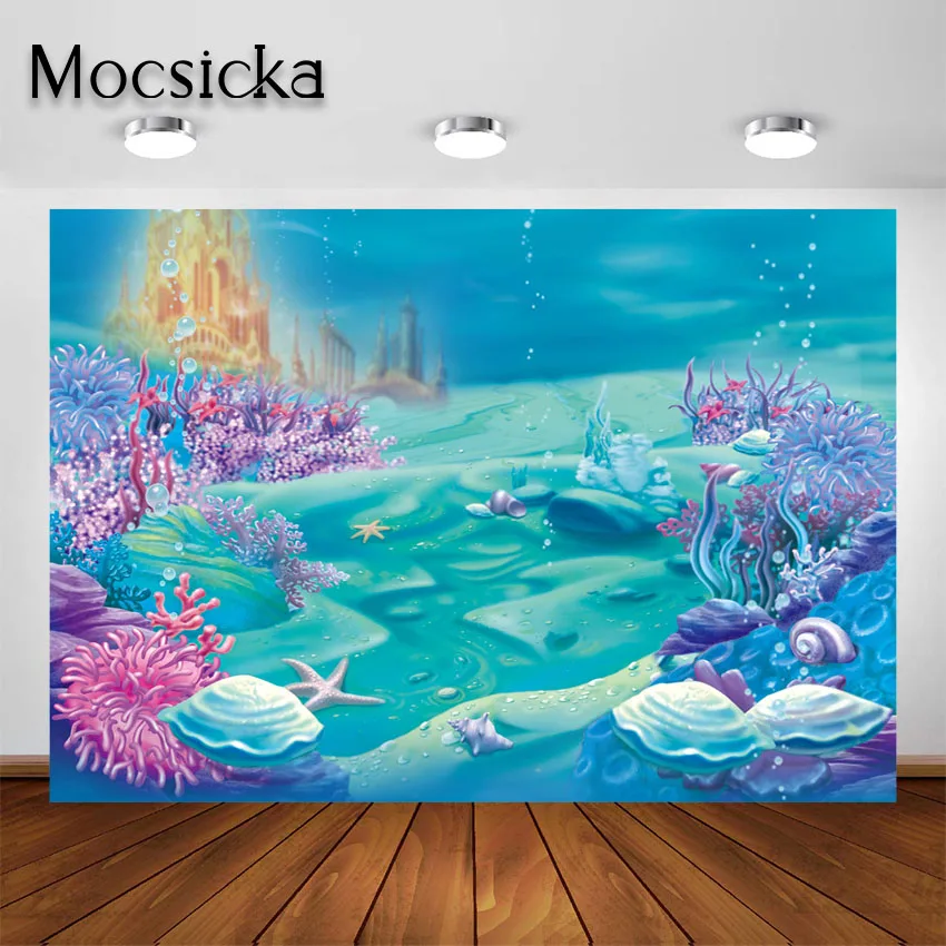 Mocsıcka Deniz Altında Kale Zemin Mermaid Prenses Bebek Duş Doğum Günü Partisi Fotoğraf Arka Plan Photocall Fotoğraf Kabini