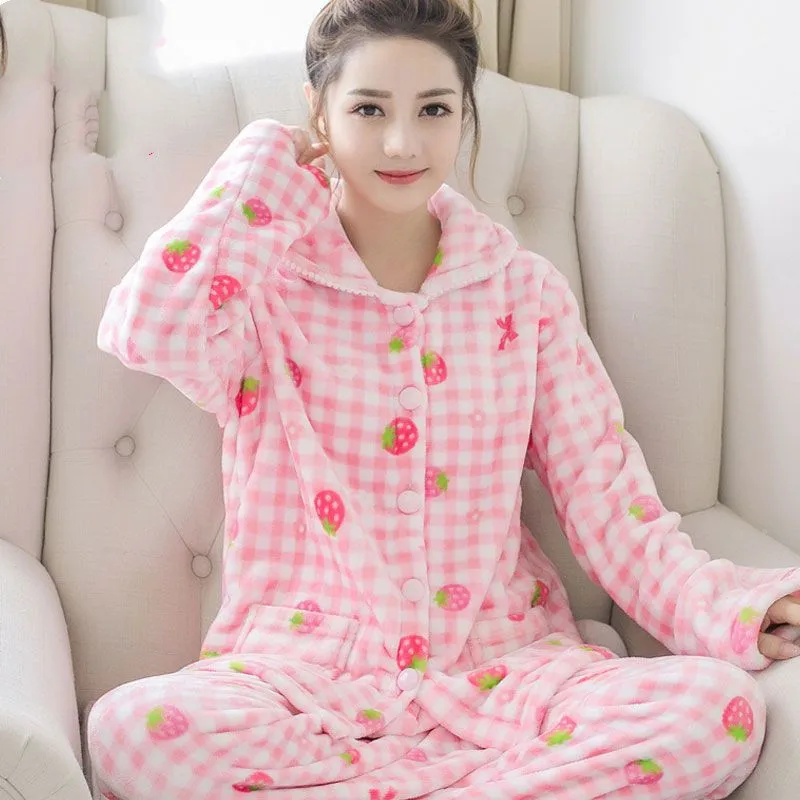 Sevimli Pijama Seti Rahat Pijama Kadınlar İçin Sıcak Tam Karikatür Desen Pijama kadın Pazen Kış Moda Yumuşak Gecelik