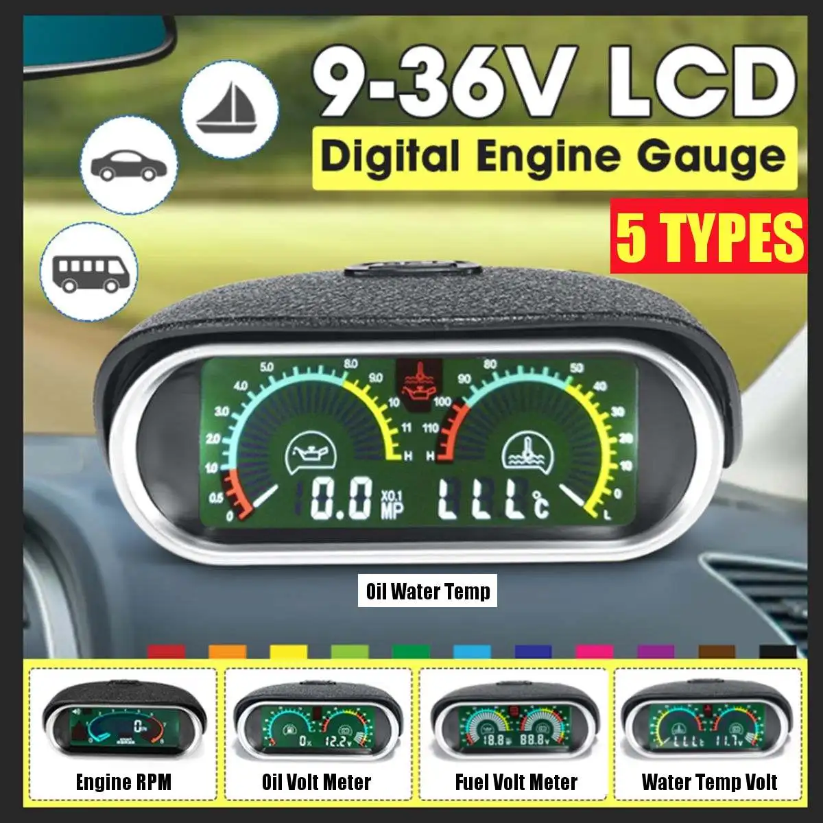Evrensel 5 Türleri 2in1 Oto Araba LCD Takometre Araba Ölçer LCD Dijital Ölçer Yağ Su Sıcaklığı Ölçer 1/8 NPT Sensörü Otomatik
