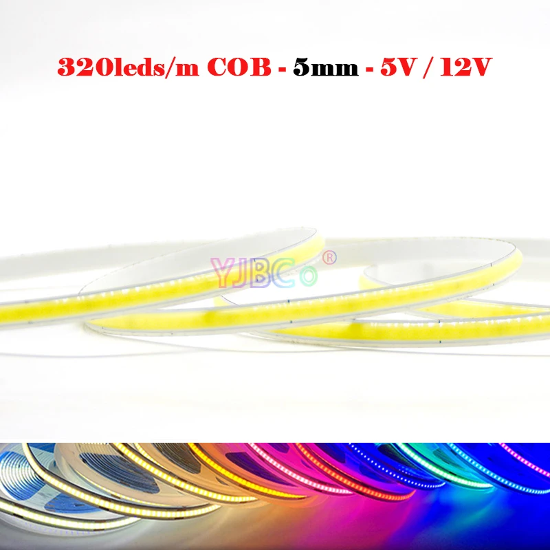 5 M / grup Dar 5mm PCB tek renk COB LED şerit 5V 12V 320LEDs Beyaz / sıcak beyaz / Doğal Beyaz / Mavi / Kırmızı / Yeşil yumuşak ışıklar bant