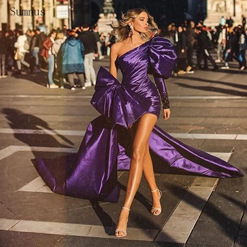 Sumnus Mor Kısa balo kıyafetleri Bir Omuz Uzun Tren Yay İle Leke Kadınlar İçin 2022 Kokteyl Elbiseleri Ücretsiz Kargo Parti Elbise