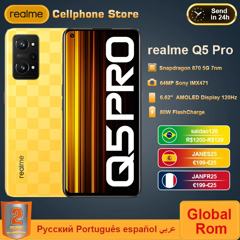 Küresel ROM realme için Q5 Pro Cep Telefonu 80W süper şarj Snapdragon 870 işlemci 120Hz AMOLED E4 amiral gemisi ekran 5G akıllı telefon