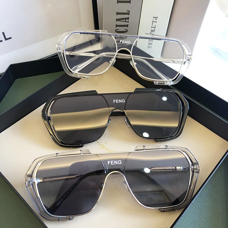 Yeni tek parça sarı güneş gözlüğü 2020 yüksek moda Steampunk güneş gözlüğü şeffaf Lens güneş gözlüğü erkekler Anti mavi ışık gözlük