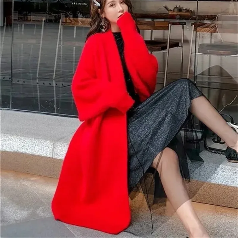 Kazak Kadın Hırka Bahar Sonbahar Düz Renk Diz Üzerinde Uzun Kollu V Yaka Gevşek Moda Basit Banliyö kadın giyim
