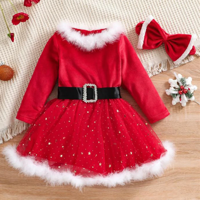 Noel Yeni Kız Tatlı Sevimli Ekose Nokta Baskı Noel Baba Kardan Adam Uzun Kollu Elbise Tatil Aile Parti Elbise