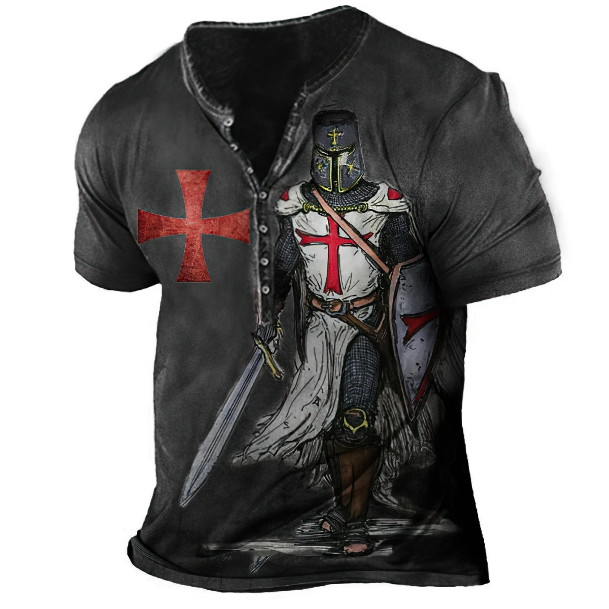 Tapınak şövalyeleri Haçlılar Baskı erkek tişört Avrupa ve Amerika Retro Tarzı Kısa Kollu Moda Düğme Tees pamuklu üst giyim