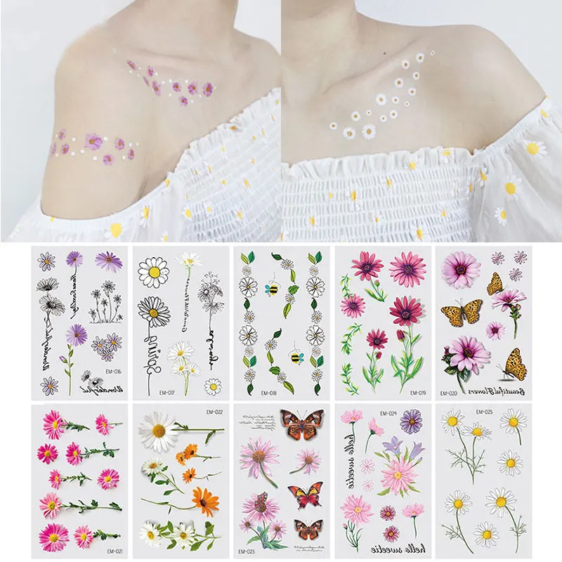 Küçük Papatya Çiçek Kol Bacak Vücut Sanatı Su Geçirmez Dövme Çıkartmalar Moda Renk Küçük Taze Su Geçirmez Kalıcı Geçici Dövme