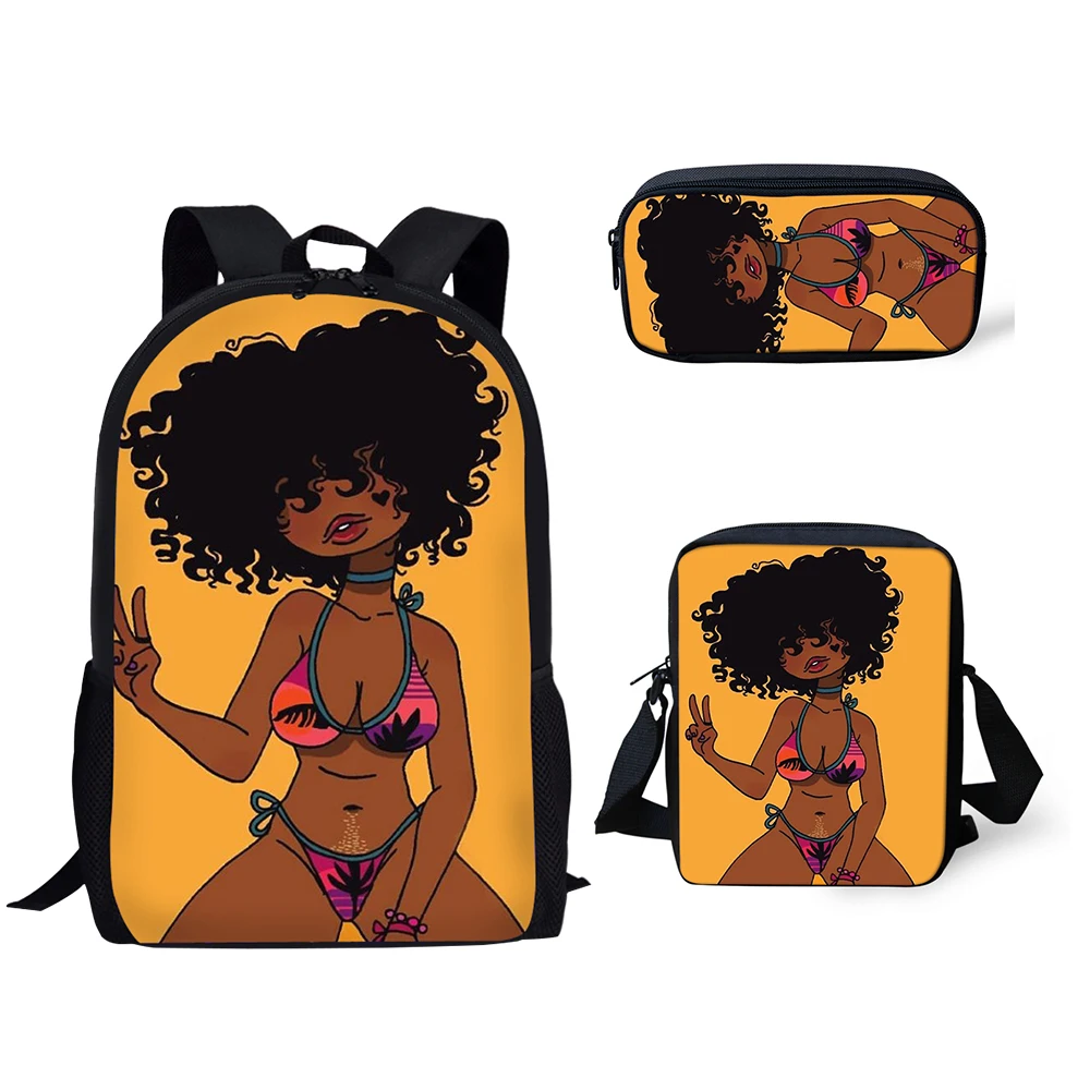 Hip Hop Siyah Afrika Kızlar 3D Baskı 3 adet / takım öğrenci Okul Çantaları Laptop Sırt Çantası Sırt Çantası Eğimli omuzdan askili çanta Kalem Kutusu