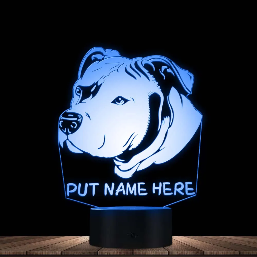 Özel Pitbull 3D LED Gece Lambası Pit Bull Başkanı Portre 3D Optik Illusion LED Lamba Kişiselleştirilmiş Köpek Adı Pitties Hediye