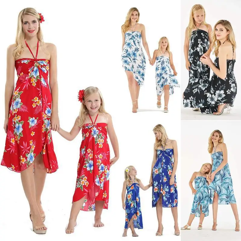 Yaz Ebeveyn-Çocuk Kızlar için Elbiseler Plaj Seyahat Açık Çiçek Tek hat Boyun Kayma Elbise Anne ve Kızı tatil elbisesi A207
