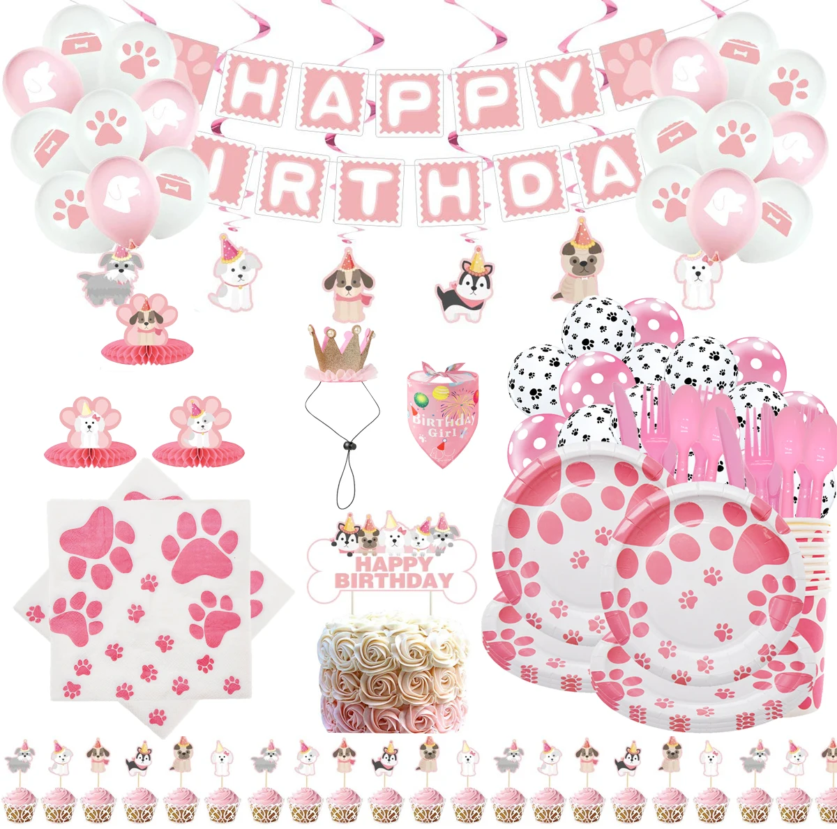 Pembe Yavru Köpek Pet Paw Kız Doğum Günü Partisi Malzemeleri Tabaklar Bardaklar Peçeteler Masa Örtüsü Afiş Balonlar Şeker Çanta Düğün Dekorasyon