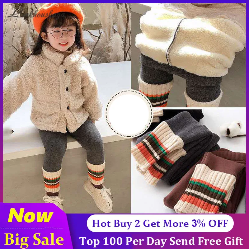 Bebek Tayt Polar Kızlar İçin Kış sıcak pantolon Çocuklar 2022 Moda Kore Karikatür Şerit Çocuk Artı Kadife Uzun pantolon