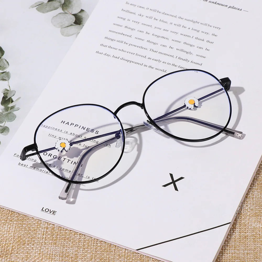 1 adet Yeni Unisex Papatya Metal Miyopi Gözlük Klasik Yuvarlak Çerçeve Gözlük Anti Mavi Işınları Gözlük Kısa Sight Gözlük-1.0~-4.0