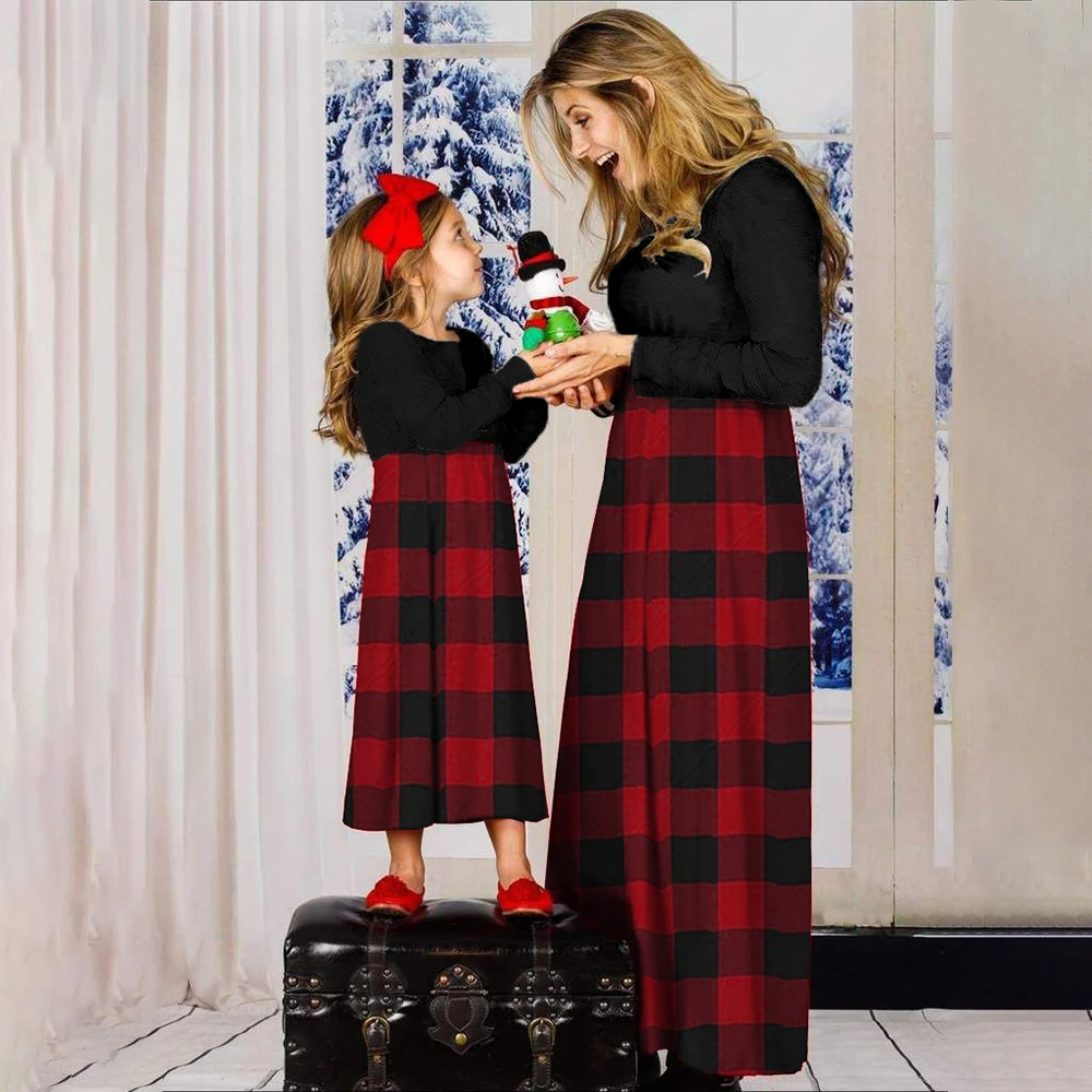 2022 Anne ve Kızı Elbise Sonbahar Ekose Patchwork uzun elbise Anne ve Ben için Elbise Kadın Kız Moda Noel Giysileri