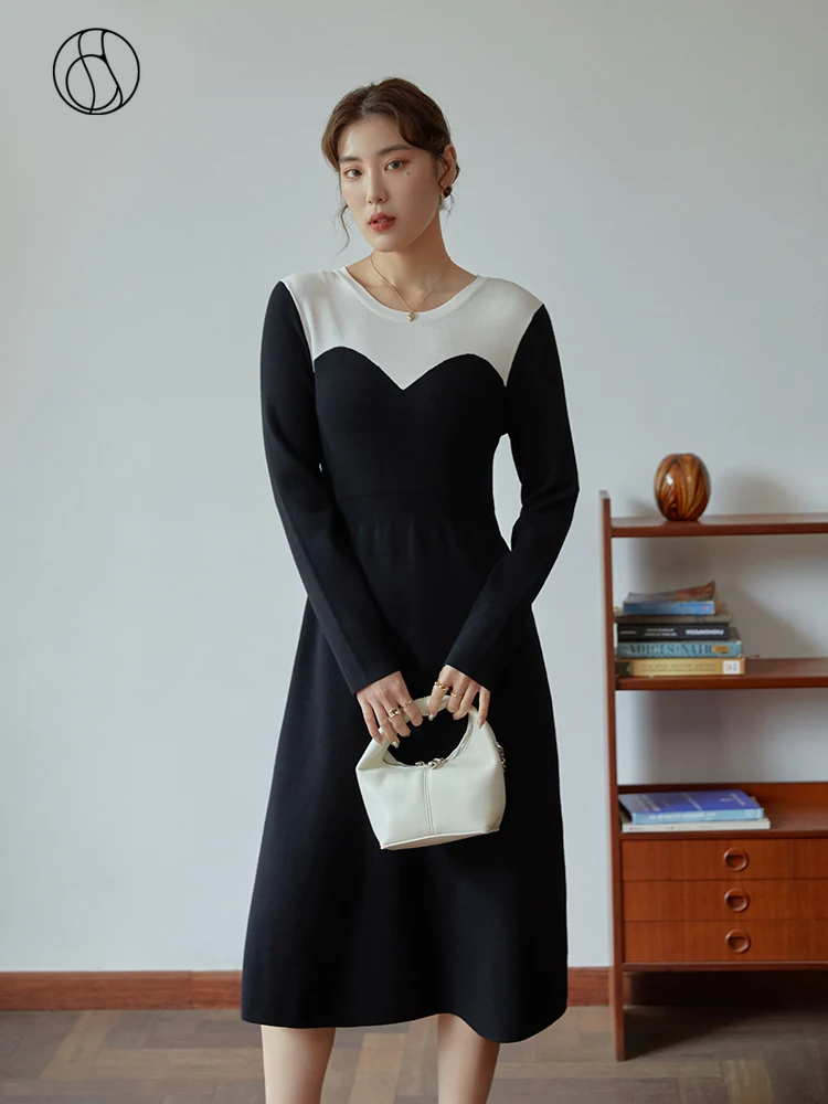 DUSHU Kadınlar Kış Tüm Maç Kontrast Dikiş örme elbise İnce Orta uzunlukta Yuvarlak Boyun Siyah A-line Taban Etekler Kadın Bel Elbise