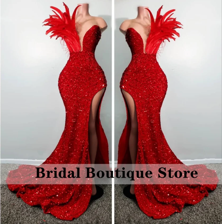 Parlak Kırmızı Mermaid Balo Elbise 2022 Yan Bölünmüş Tüyler Sequins Doğum Günü Partisi Törenlerinde Düğün Konuk Giyim Robe De Bal