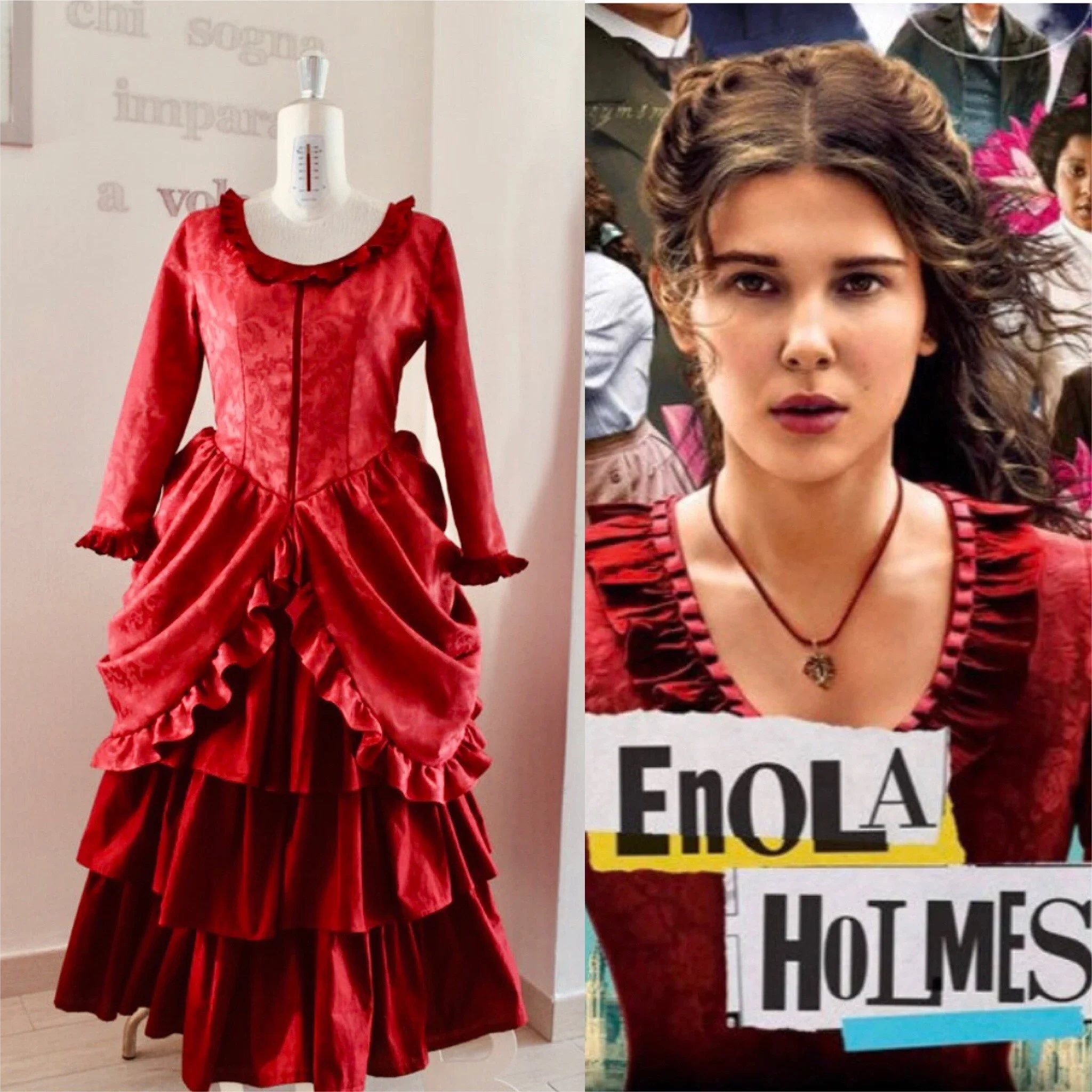 Enola Holmes cosplay elbise Victoria Enola Holmes kırmızı telaş balo elbise 1880 s kırmızı balo rokoko elbise kıyafeti custom made
