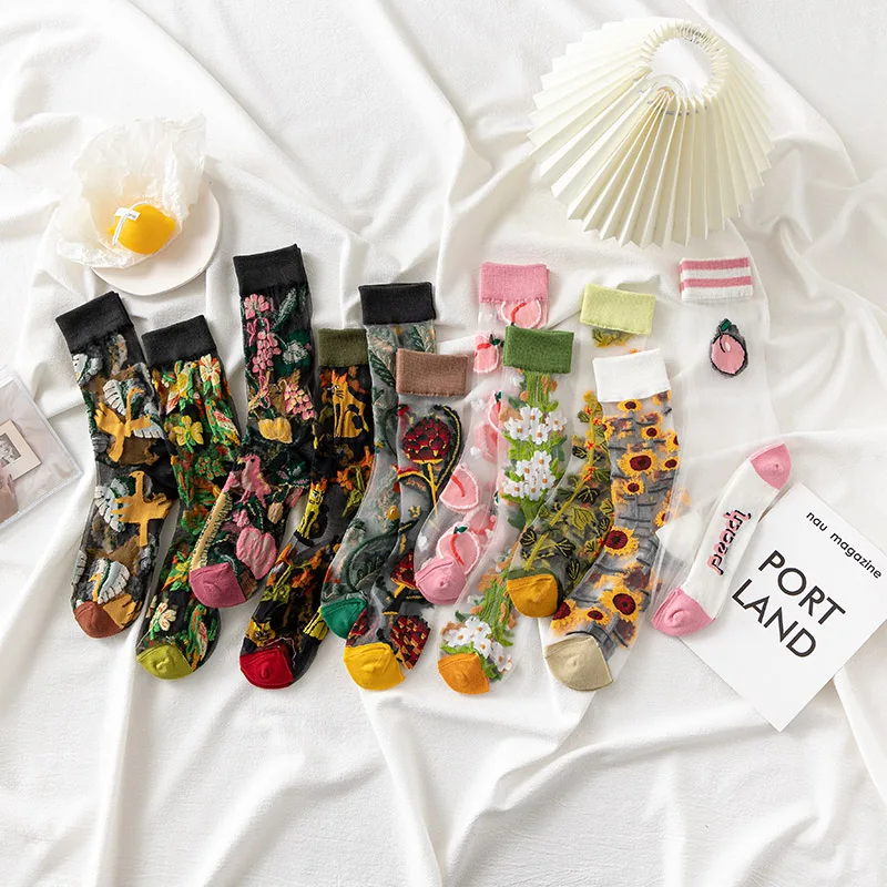 Fransa Hipster Tasarım Cam İpek Çiçek Kuş komik çoraplar Kadınlar Şeffaf Streetwear Sanat Sokken Jakarlı Calcetines Divertidos