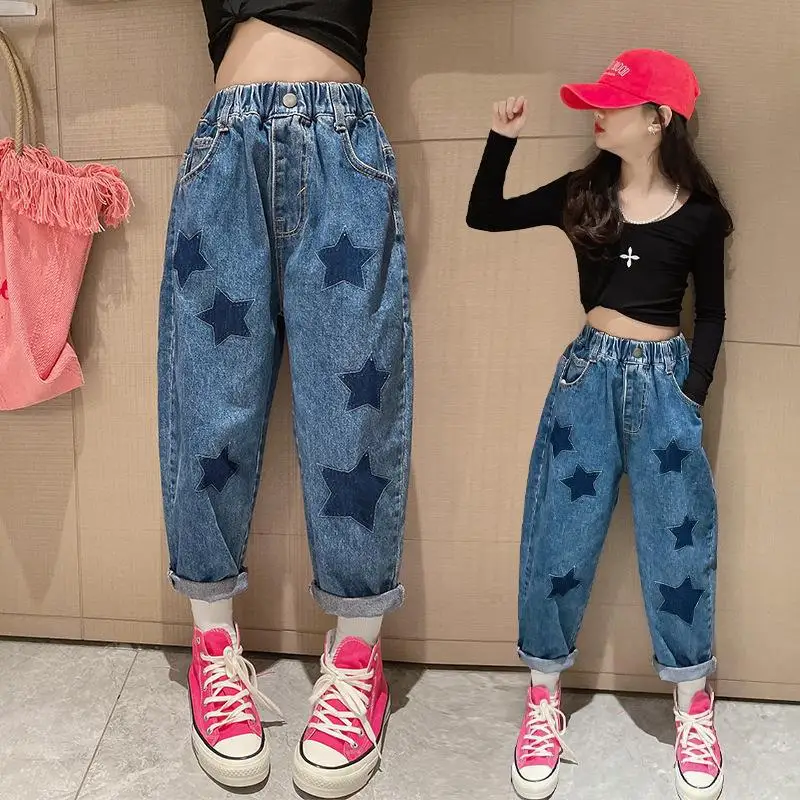 Kızlar Kot 2023 İlkbahar ve Sonbahar Yeni Stil Koreli çocuk Elastik Bel Kot Pantolon Gevşek Rahat çocuk pantolonları
