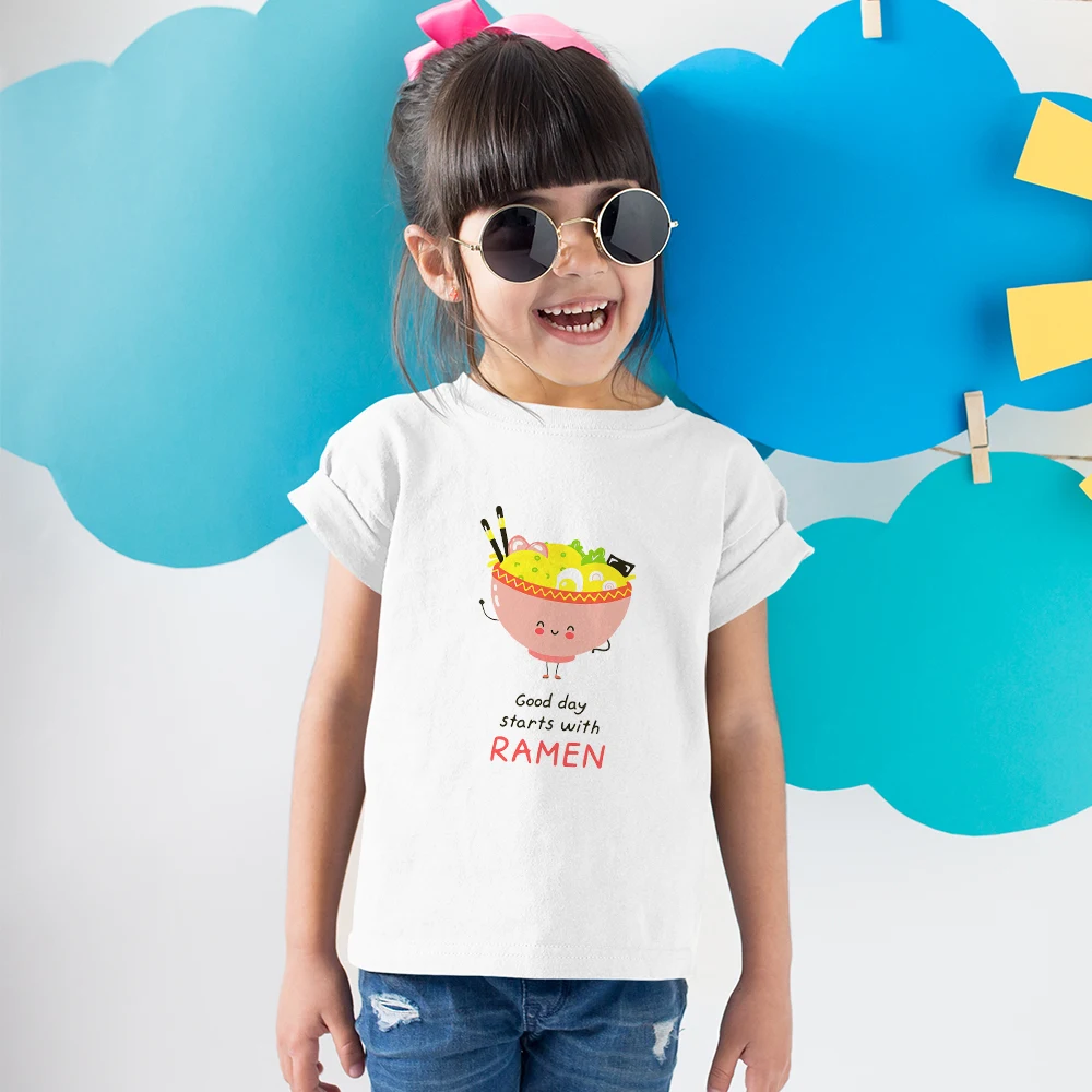 Karikatür Komik Ramen Baskı T-shirt Çocuk Kız Kısa Kollu Gömlek Avrupa Moda Harajuku Yürümeye Başlayan Çocuk Giysileri Yaz T Gömlek 0