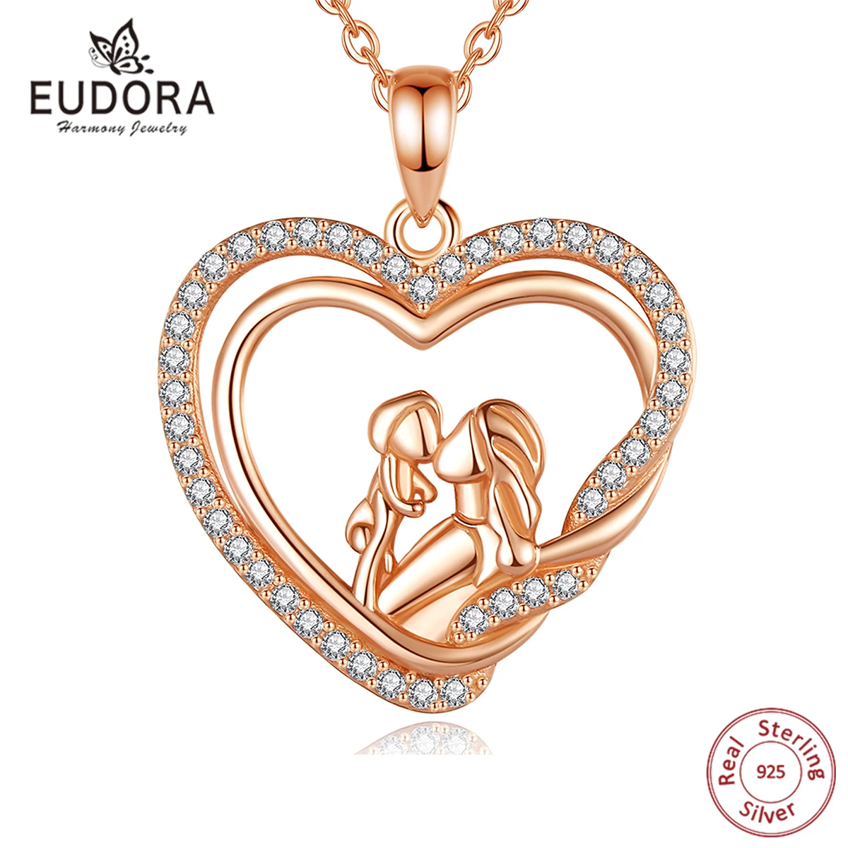 Eudora Gerçek 925 Ayar Gümüş Kalp Charm Kolye Kadınlar için Bebek Anne Çocuk CZ Kolye Güzel Lüks Takı anneler hediye