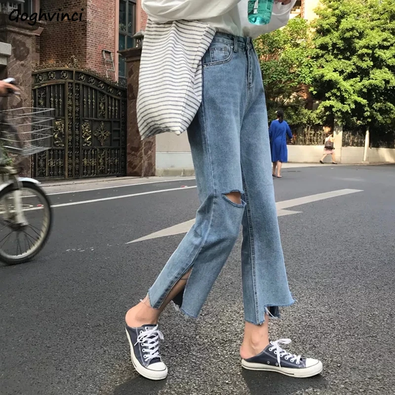 Kot Kadın Yüksek bel Delik Yırtık Yan yarık Vintage Ayak Bileği uzunlukta Tüm Maç Gençler İnce Şık Kore Streetwear Kürk hattı Yeni
