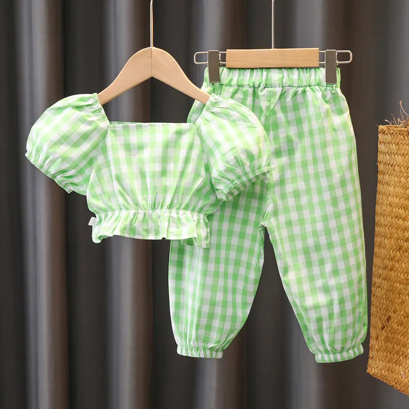Yaz toddler kız giysileri çocuklar bebek giysisi setleri kısa ekose üst pantolon takım elbise çocuk kız giyim bebek ince serin setleri