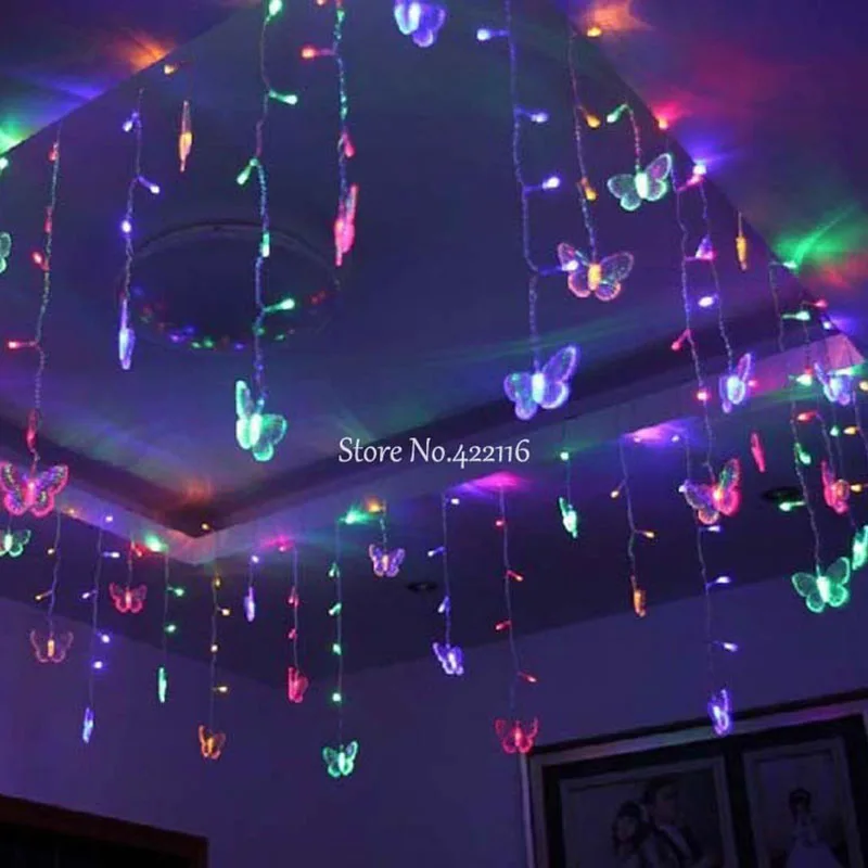 Mavi Kelebek LED Perde Icicle ışıklar LED Tatil Dize Peri ışıklar Yeni Yıl Garland Düğün Parti Dekorasyon 3.5 m 96 ampuller 2