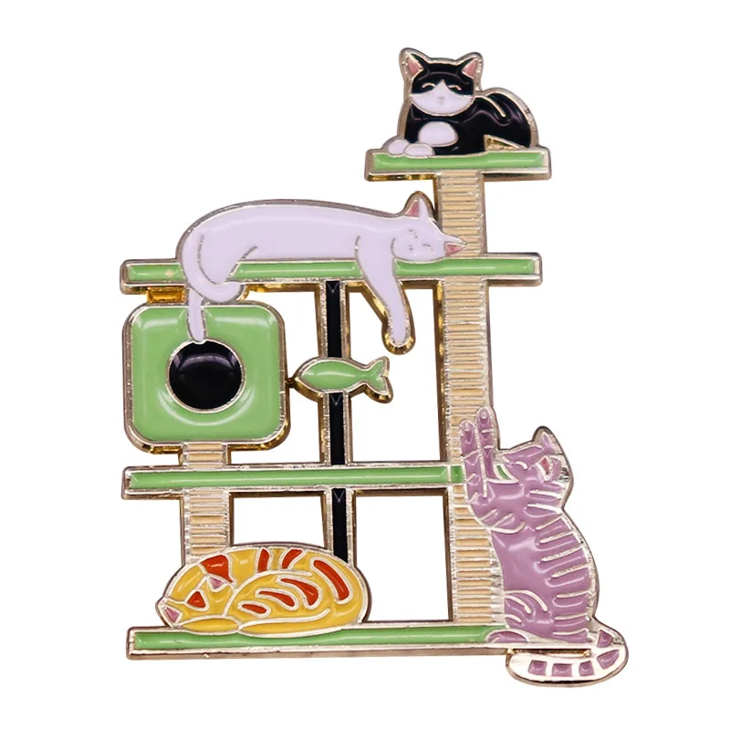 Kedi Ağacı Çılgın Tembel Raf Kitty Sevgilisi Emaye Broş Metal Rozet Yaka Pin Ceket Kot moda takı Aksesuarları Hediye 0