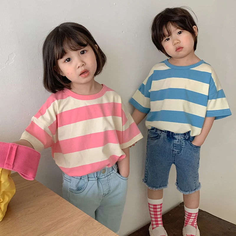 Çocuklar Casual Tops Kısa Kollu Pamuklu Şerit 1-6 Yıl Bebek Erkek Kız T-shirt Çocuk Giysileri Bebek Erkek Kız Giysileri Yaz İçin 1